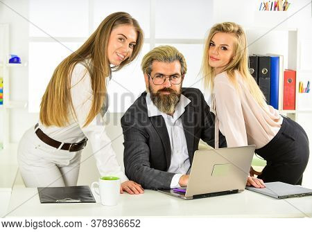 They Love Their Boss. Surrounded By Beautiful Ladies. Flirting With Boss. Man And Women Business Col