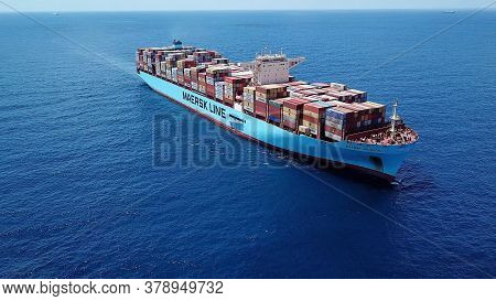 Mediterranean Sea - June 25, 2020: Maersk Hidalgo Mega Container Ship. Ulcv Fully Loaded With Freigh