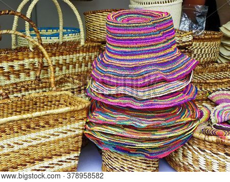 Traditional Wicker Baskets, Bags And Hats  Made Of Natural Materials Paja Toquilla Straw At Opened M
