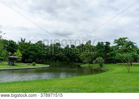 A Small Clean Lake In Public Park, Greenery Trees, Shrub And Bush, Green Grass Lawn In A Good Care M