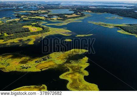 Top View Of The Snudy And Strusto Lakes In The Braslav Lakes National Park, The Most Beautiful Lakes