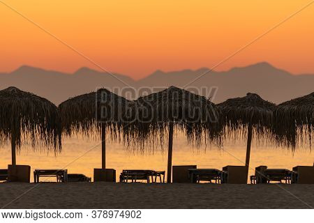 Simos Beach At Elafonisos Dusing Sunset. Close Up.