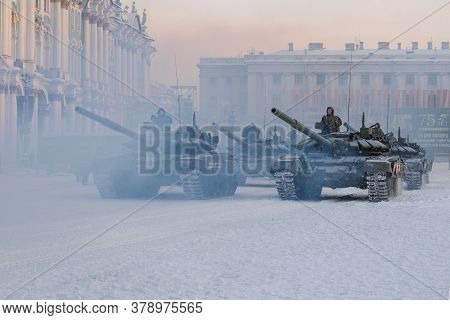 Saint Petersburg, Russia - January 24, 2019: Russian Tanks T-72b3 On Palace Square. Dress Rehearsal 