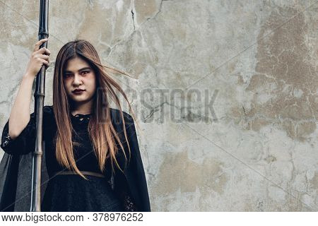 Portrait Woman Devil Ghost Demon Costume Horror And Scary She Holding Reaper, Happy Halloween Day Co