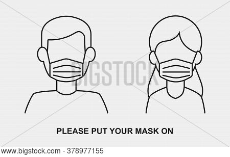 Medical Face Mask Vector Icon With Man And Woman Silhouette In Line Style. People Wear A Facial Mask