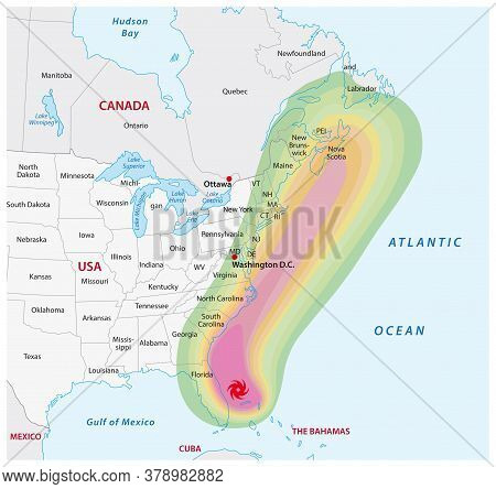 Schematic Vector Map Of A Fictional Hurricane In North America