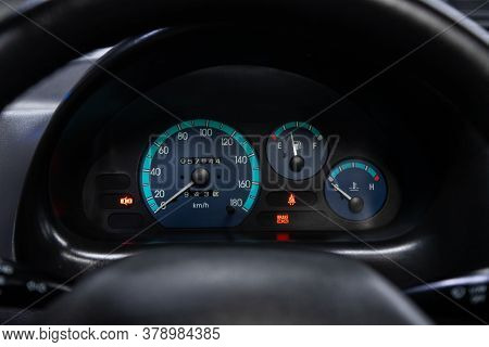 Novosibirsk/ Russia - July 27 2020: Daewoo Matiz,  Dashboard Of The Car Is Illuminated By Bright Ill