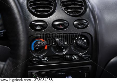 Novosibirsk/ Russia - July 27 2020: Daewoo Matiz, Vehicle Interior With Visible Climate Controls, Ad
