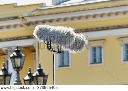 Large And Professional Windproof Microphones Close Up