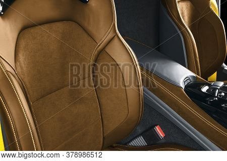 Modern Luxury Car Brown Leather Interior. Interior Of Prestige Modern Car. Comfortable Leather Seats