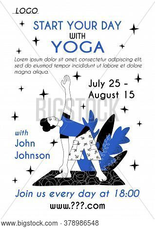 Vertical Poster Start Your Day With Yoga Template Copy Space. Cute Girl In Sportswear Is Doing Relax