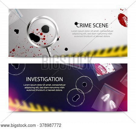 Criminalistic Detective Horizontal Banners Set With Realistic Closeup Blood Spots And Bullet Holes A