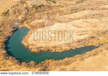 Belarus. Aerial View Of Dry Grass And Curved Bog Marsh Swamp Wetland Landscape In Early Spring Day. 