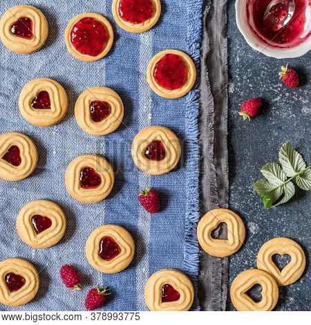 Shortbread Butter Cookies With Raspberry Jam Filling Center, Square