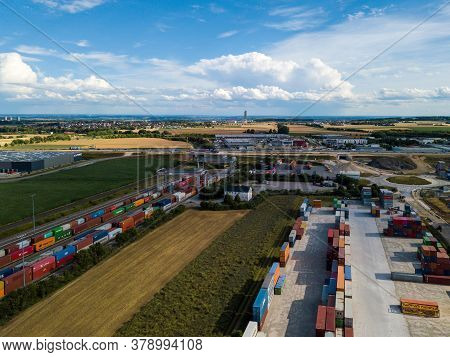 Ulm, Germany - July 26, 2020: Aerial Of The Container Terminal In Ulm, Germany With Rail Connection 