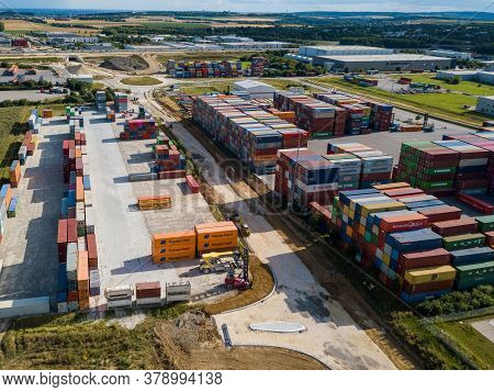 Ulm, Germany - July 26, 2020: Aerial View Of The Expanding Container Terminal In Ulm, Germany With H
