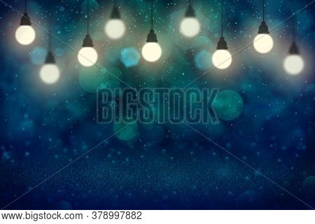 Fantastic Glossy Abstract Background Glitter Lights With Light Bulbs And Falling Snow Flakes Fly Def