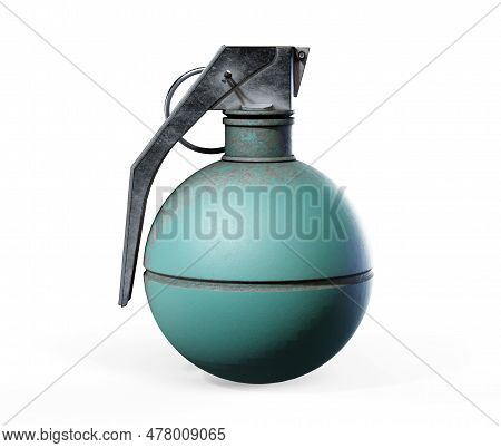 Hand Grenade On A White Background As An Unexploded Bomb Object With A Pin As A Vintage Explosive De