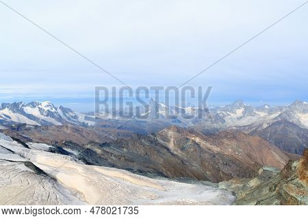 Panorama View With Mountain Matterhorn Seen From Allalinhorn In Pennine Alps, Switzerland