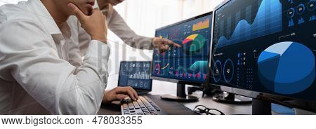 Analyst Working On Data Analysis Or Bi Dashboard On Computer Monitor. Business Team Analyzing Financ