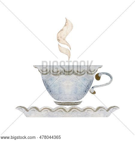 Watercolor Hand Drawn Illustration. White And Gold Porcelain Tea Cup On Saucer, Teaware, Kitchen Cro
