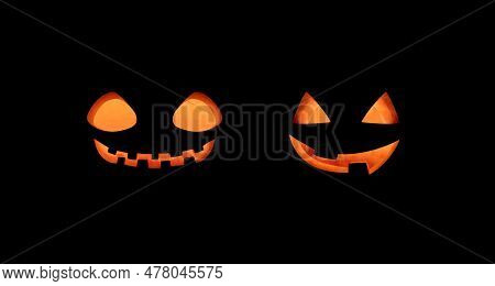 Set Of Two Jack Lantern Glowing Smiles Isolated On A Black Background. Jack O Lantern Scary Smile. H