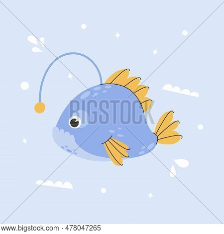 Poster With Cute Angler Fish. Childrens Illustration Of A Fish. Monkfish Living At The Bottom Of The