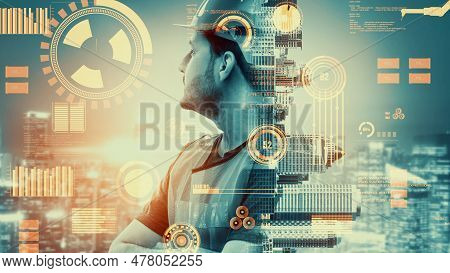Future Building Construction And Inventive Engineering Project Concept With Hud Hologram Graphic Des