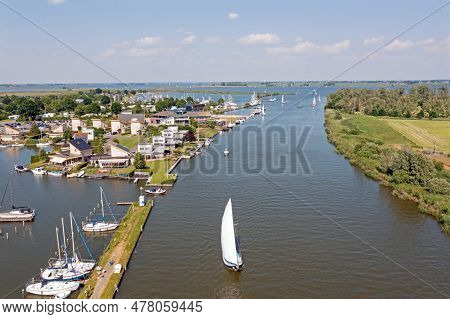 Aerial From Water Sports In Summer At Galamadammen In Friesland The Netherlands
