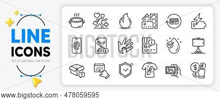 Image Album, Secret Package And Card Line Icons Set For App Include Fire Energy, Fingerprint, Saucep