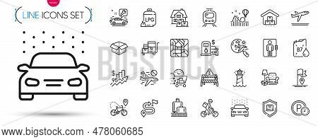 Pack Of Elevator, Roller Coaster And Parking Time Line Icons. Include Home Moving, Inventory Cart, M
