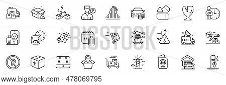 Icons Pack As Flag, Garage And Delivery Man Line Icons For App Include Fragile Package, Tickets, War