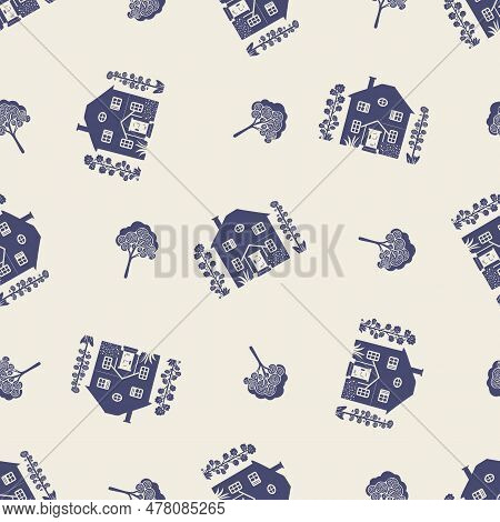 Masculine Block Print House Vector Pattern. Seamless Sketchy City Street Organic Style For Rustic Ti