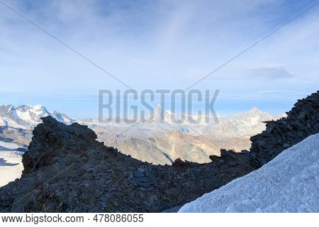 Panorama View With Mountain Matterhorn Seen From Allalinhorn In Pennine Alps, Switzerland