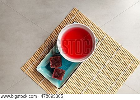 Schizandra Chai Or Omija Tea On The Table, Top View, Selective Focus. Five Flavor Berry Tea.
