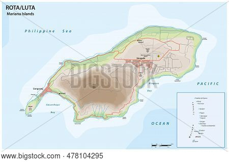 Vector Road Map Of The Island Of Rota, Mariana Islands, United States