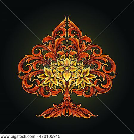 Engraved Petals Ornament Shaped Ace Of Spade Illustrations Vector Illustrations For Your Work Logo, 