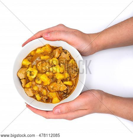 A Plate Of Stewed Lamb And Potatoes On Isolated White Background. Ragout Of Natural Potatoes And Lam