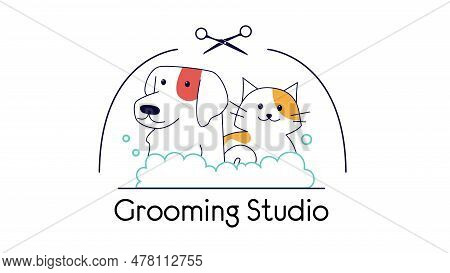 Vector Logo With A Cute Dog And A Cat In Bubble Bath. Pet Logo For Grooming Studio With Scissors. Wa
