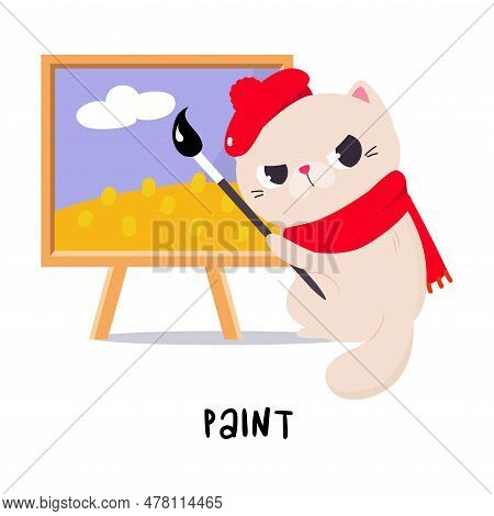 Funny Cat In Beret Paint On Canvas With Brush As English Verb For Educational Activity Vector Illust