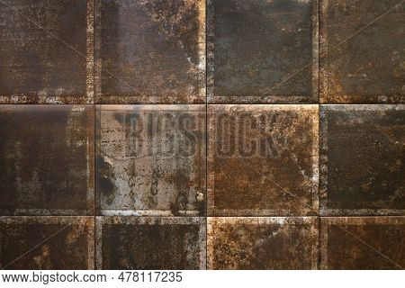 Metal Tile With Rust Background. Rusty Metal Scale Armor. Rusty Metal Steam Punk Backdrop. Texture O