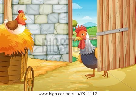 Illustration af en hane og en høne på barnhouse