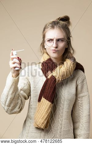 Caucasian Blond Female Girl Wearing Warm Knitted Sweater