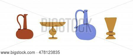 Old Ancient Crockery Set. Vintage Jug, Pitcher, Dish, Goblet. Historical Pottery Collection. Traditi
