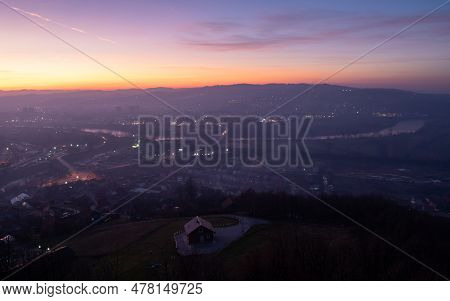 Panoramic View Of City Of Doboj And River Bosna During Dusk