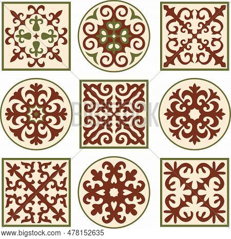 Vector Set Of Colored Signs Kazakh National Ornament. Ethnic Pattern Of The Peoples Of The Great Ste