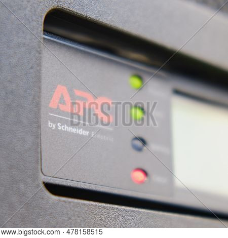 Control Panel Apc With Alarm Module Of Uninterruptible Power Supply System Ups In Server Room, Red L