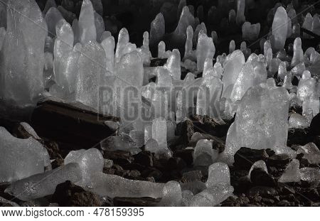 Russia. Kuril Islands. Cave With Numerous Ice Stalagmites On The Island Of Iturup. During The Time O