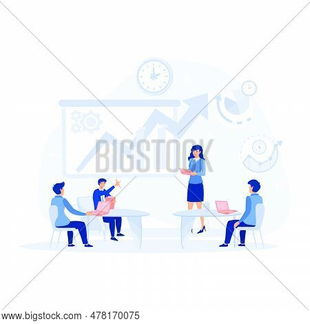 Business Seminar, Presentation Or Conference. Coach Speaker Speaks To The Audience, Flat Vector Mode