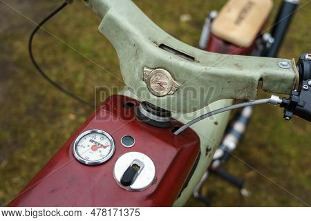 Finowfurt, Germany - May 06, 2023: The Fragment Of Motorcycle Simson Sr 4-1 Spatz. Race Festival 202